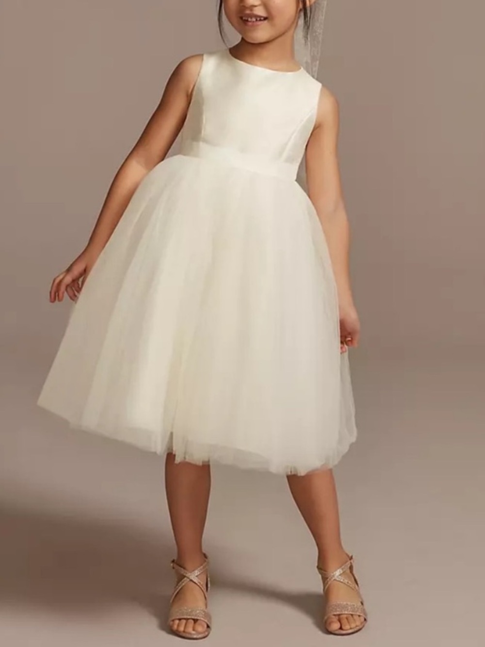 David’s Bridal Flower Girl Tank Dress Satin Ivory Tulle Short Wedding Bridal